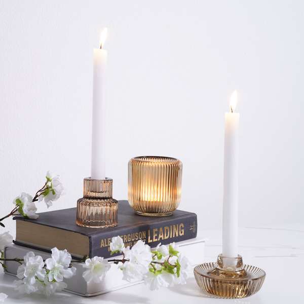 Arthur Glass Tealight Ribbed Candle Holder Dia8.5x8.5cm- Amber | Pan Home  Furnishings